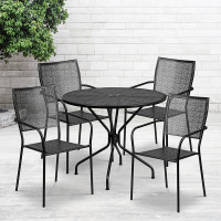 Flash Furniture CO-35RD-02CHR4-BK-GG 35.25'' Round Black Indoor-Outdoor Steel Patio Table Set with 4 Square Back Chairs 